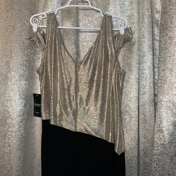 NWT Lauren Ralph Lauren DRESS, Metallic Gold Top & Black Split Skirt, Sz 16 - Picture 8 of 11
